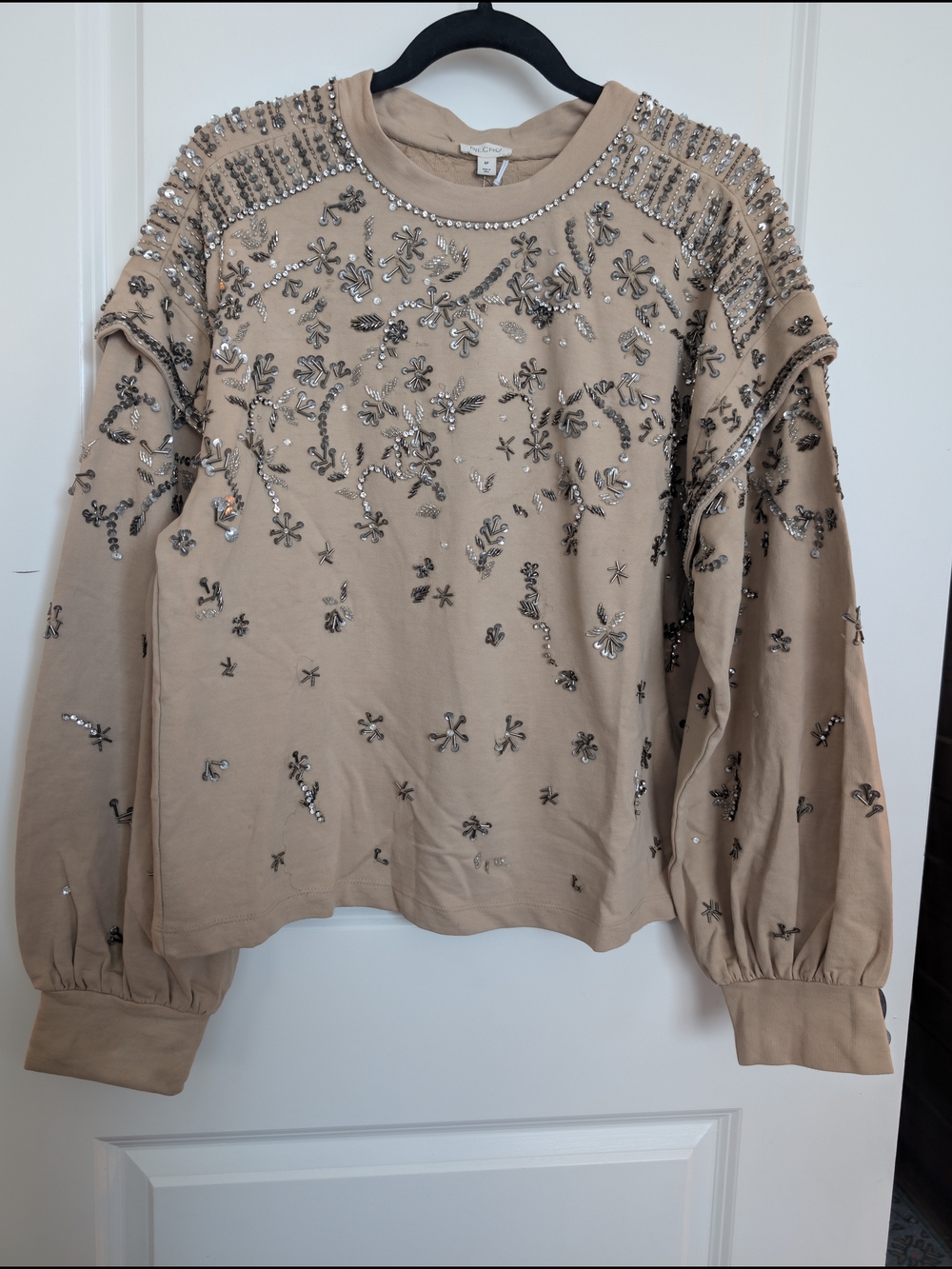 Anthropologie Tan Beaded Rhinestone Embellished Puff-Sleeve Sweatshirt